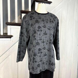 Vintage 90s Floral Black Velvet & Grey Ribbed Sweater